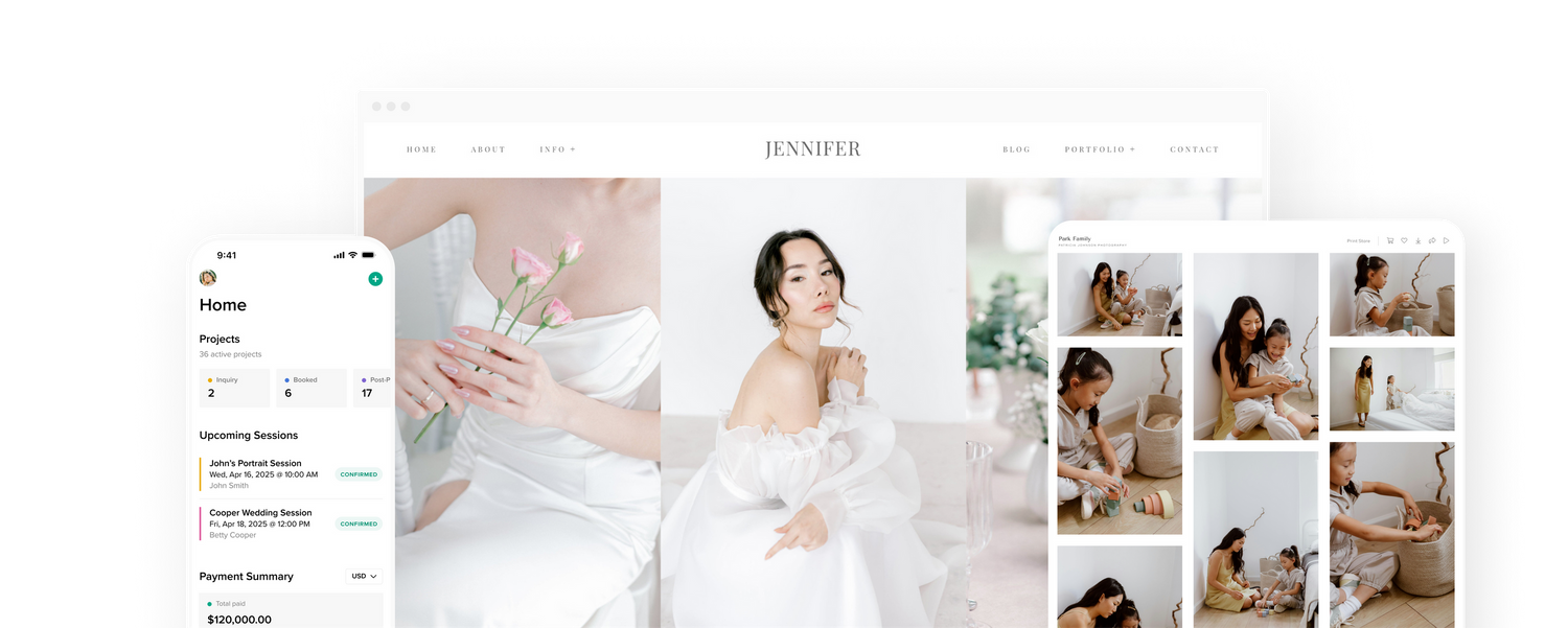 Wedding photographer showcases portfolio layout with muted beige and white photos displayed on mobile and desktop devices.