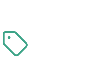 Simple black one-line icon drawing of a price tag or label with green accent.