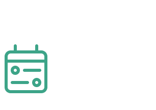 A simple line drawing icon of a calendar in mint green and black colors represents a scheduling function.