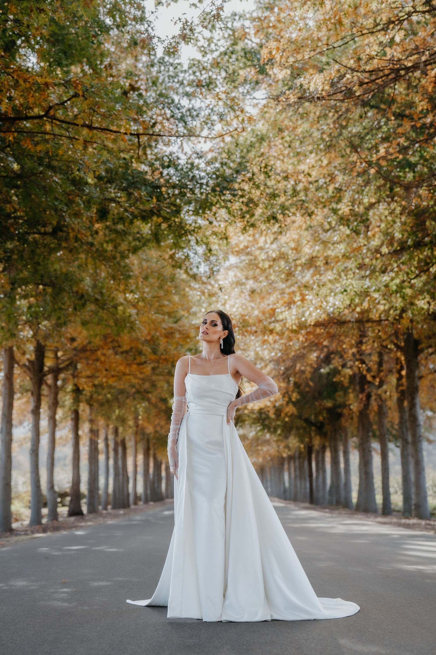 A white wedding dress photographed on a tree-lined autumn road with golden foliage creating a romantic backdrop.