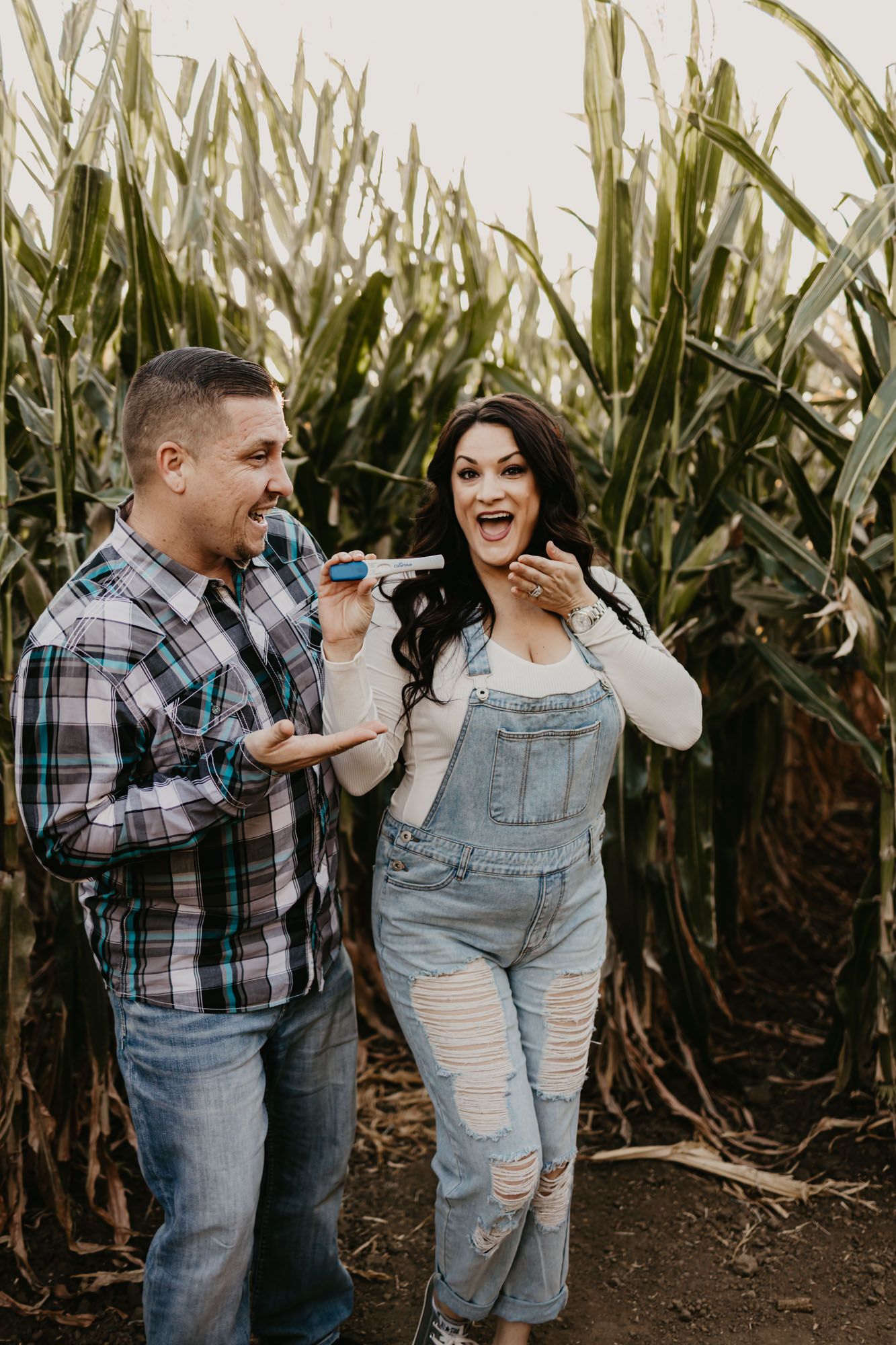 Couple laughing and celebrating with party poppers during pregnancy announcement in cornfield.