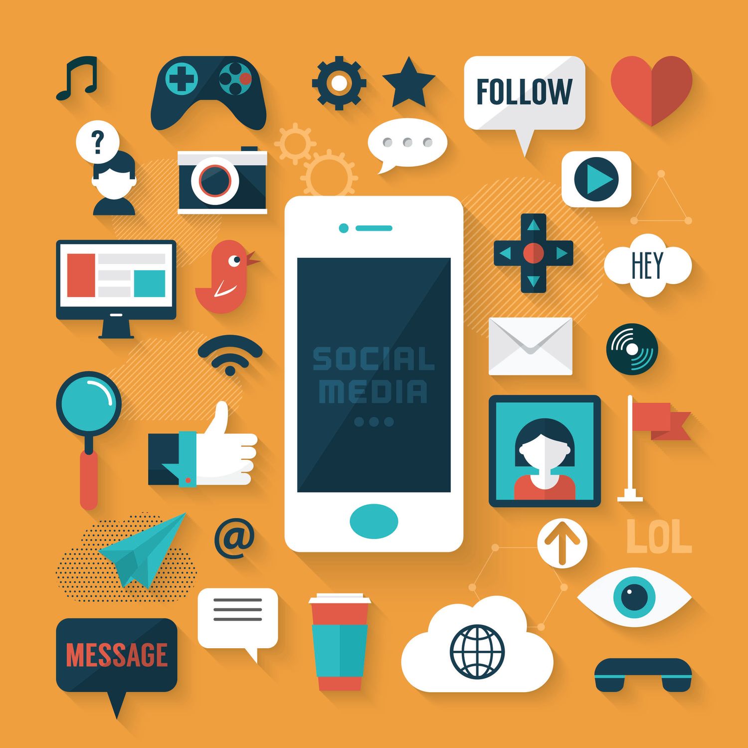 Flat design social media icons surrounding a smartphone on orange background, featuring communication and technology symbols.
