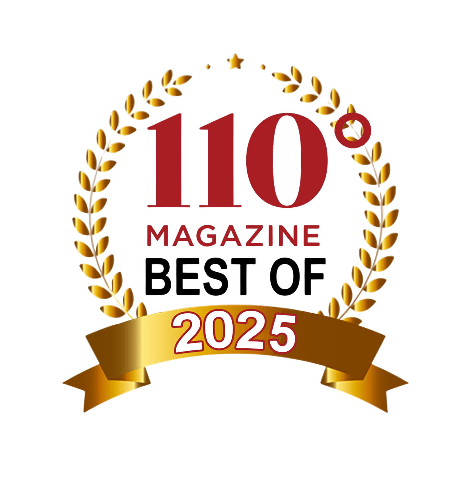 110 Magazine Best of 2025 award badge with gold laurel wreath design.