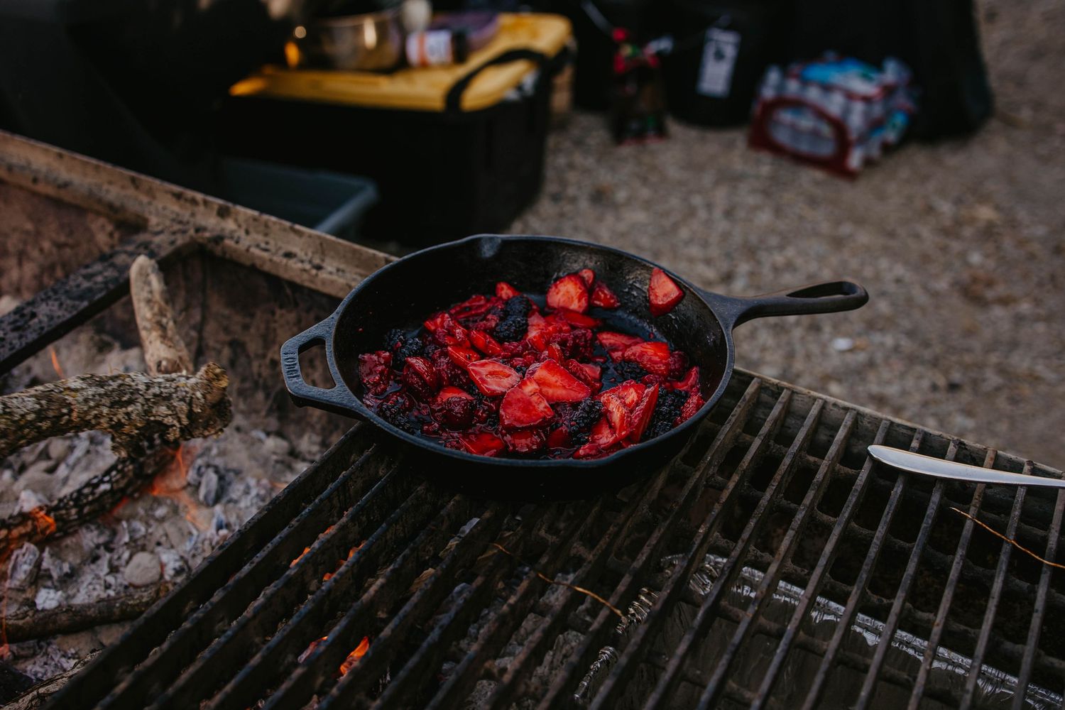 Cast iron skillet with red ingredients cooking on an outdoor grill grate.