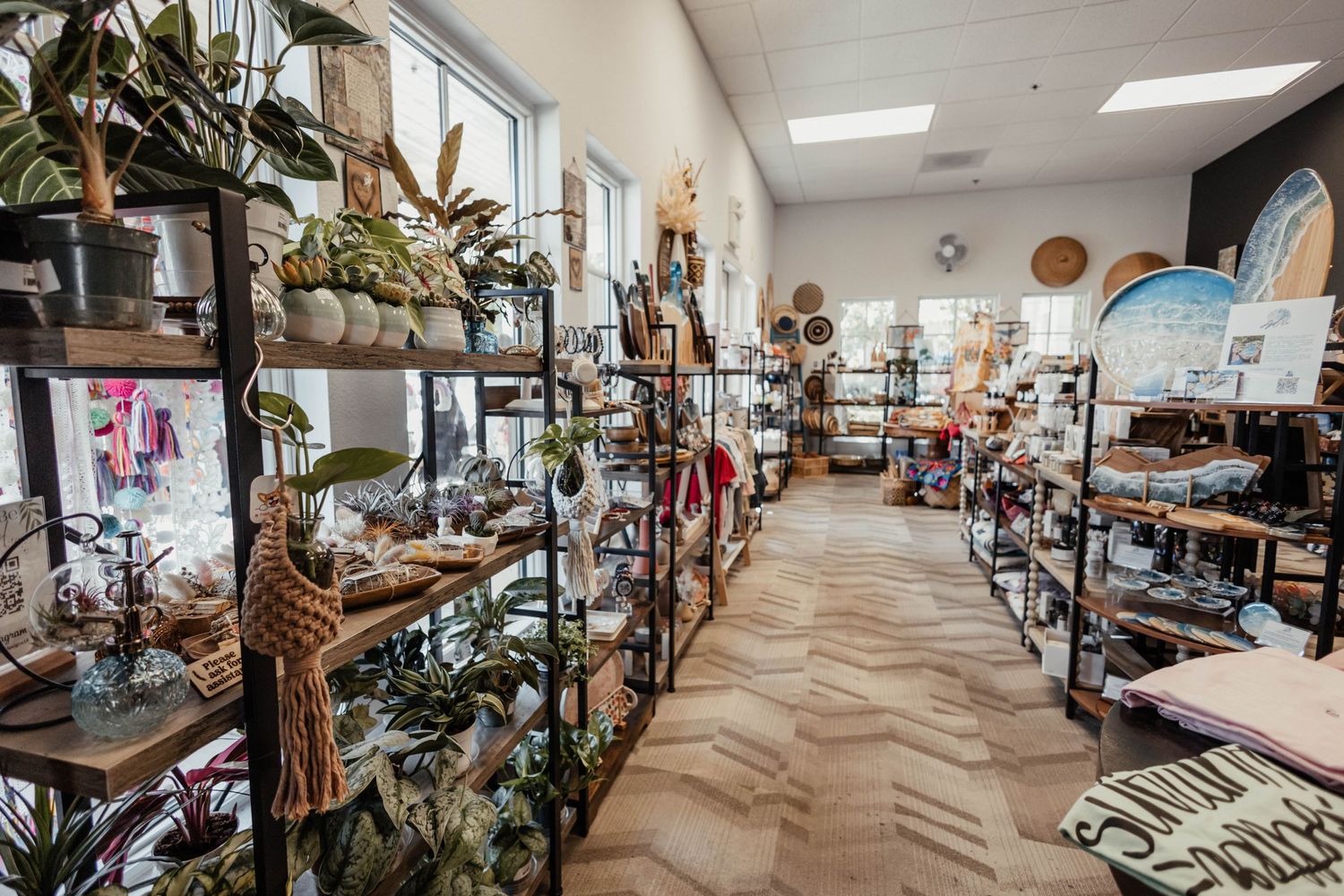 Retail store interior with wooden shelves displaying plants, home decor, and merchandise in a bright modern space.