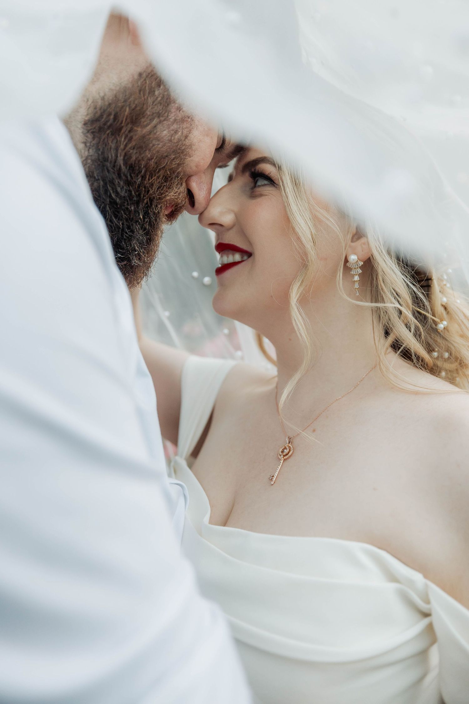 Romantic close-up of a wedding couple sharing a tender moment.