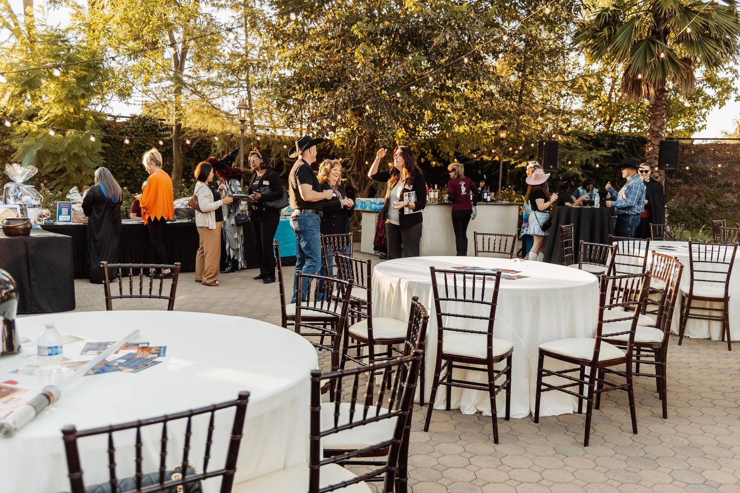 Outdoor event setup with dark wooden chairs and white tablecloths under trees.