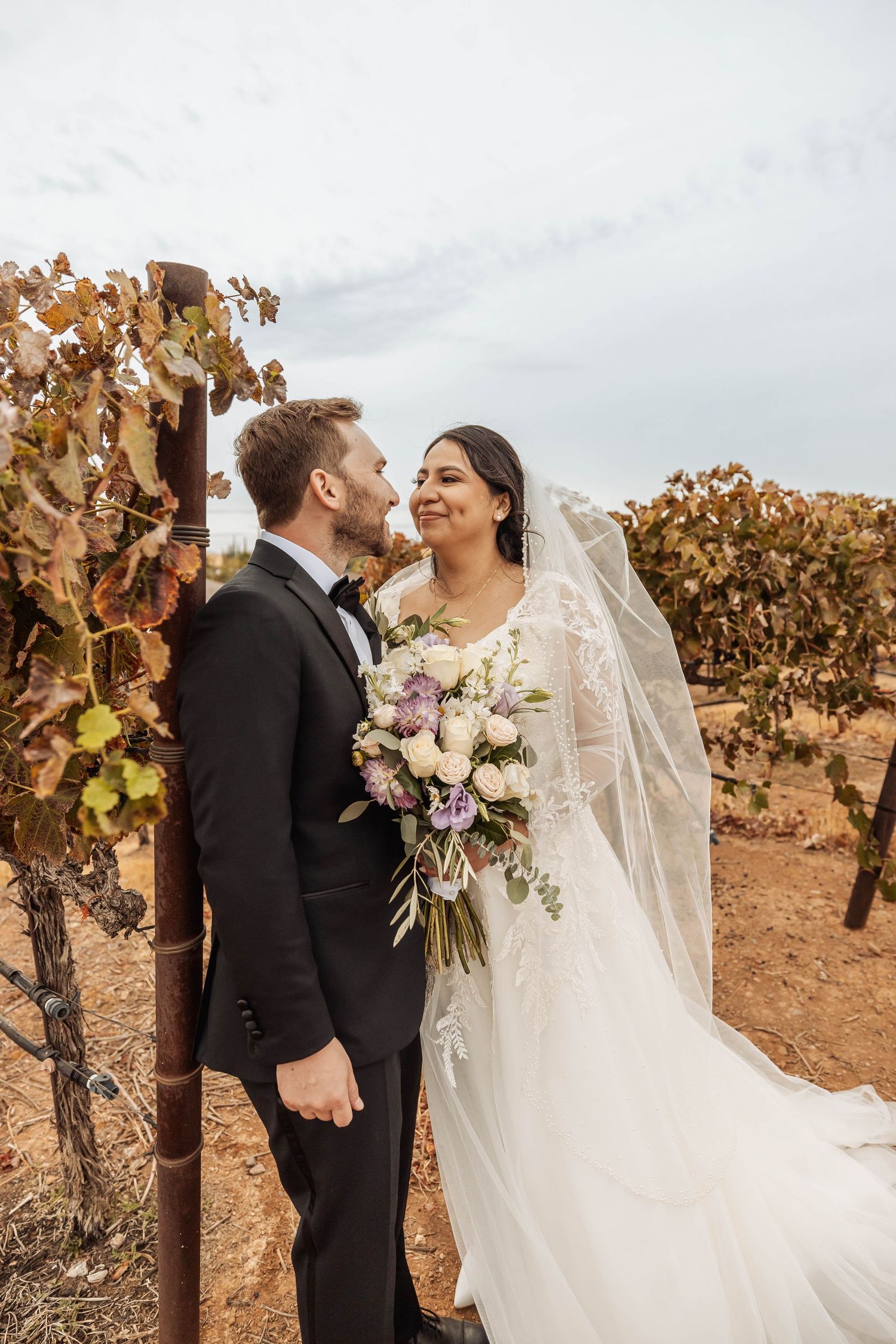 Newlyweds share intimate moments among autumn vineyard rows.