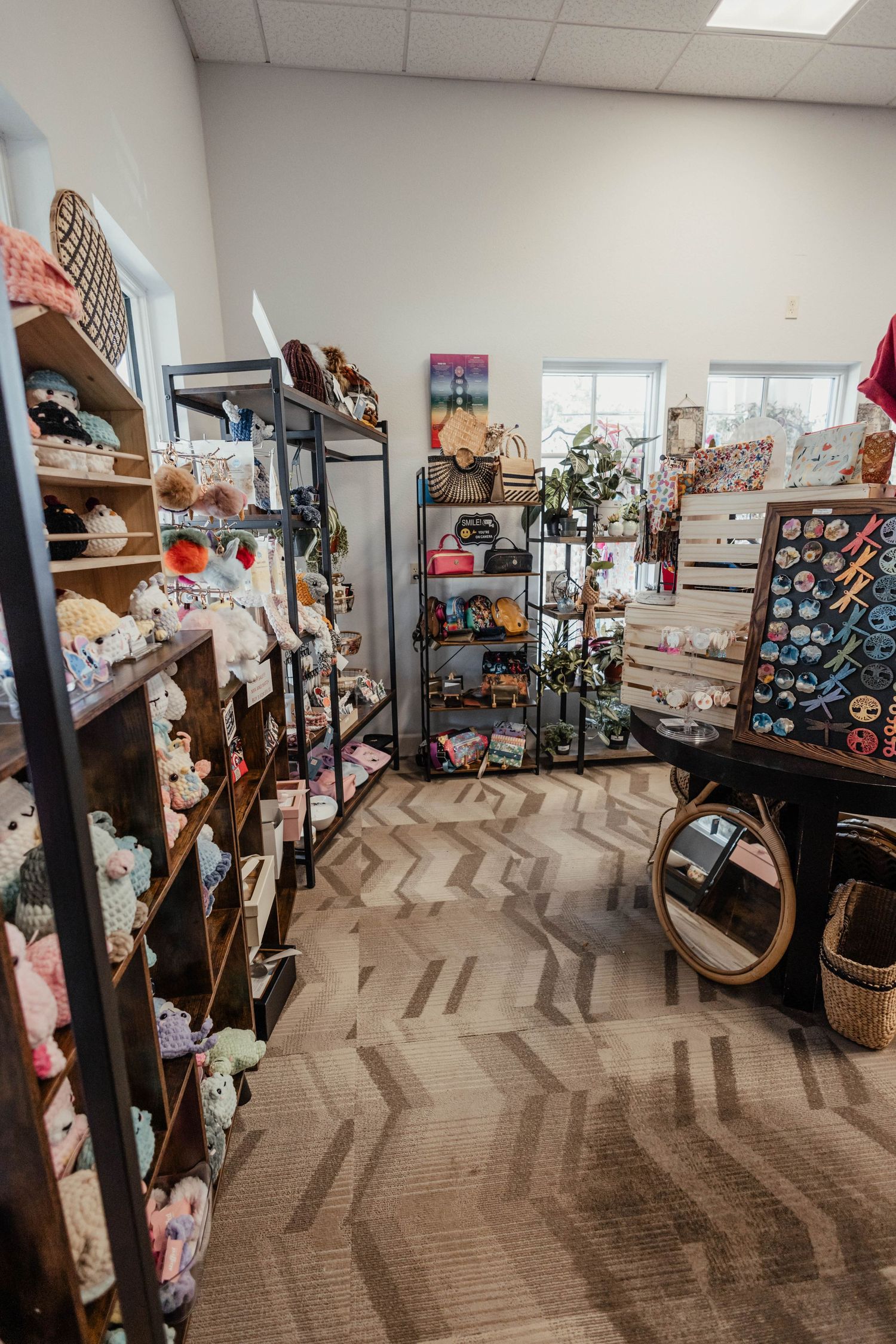 Cozy shop corner with metal shelving units displaying plush toys and home goods on chevron carpet.