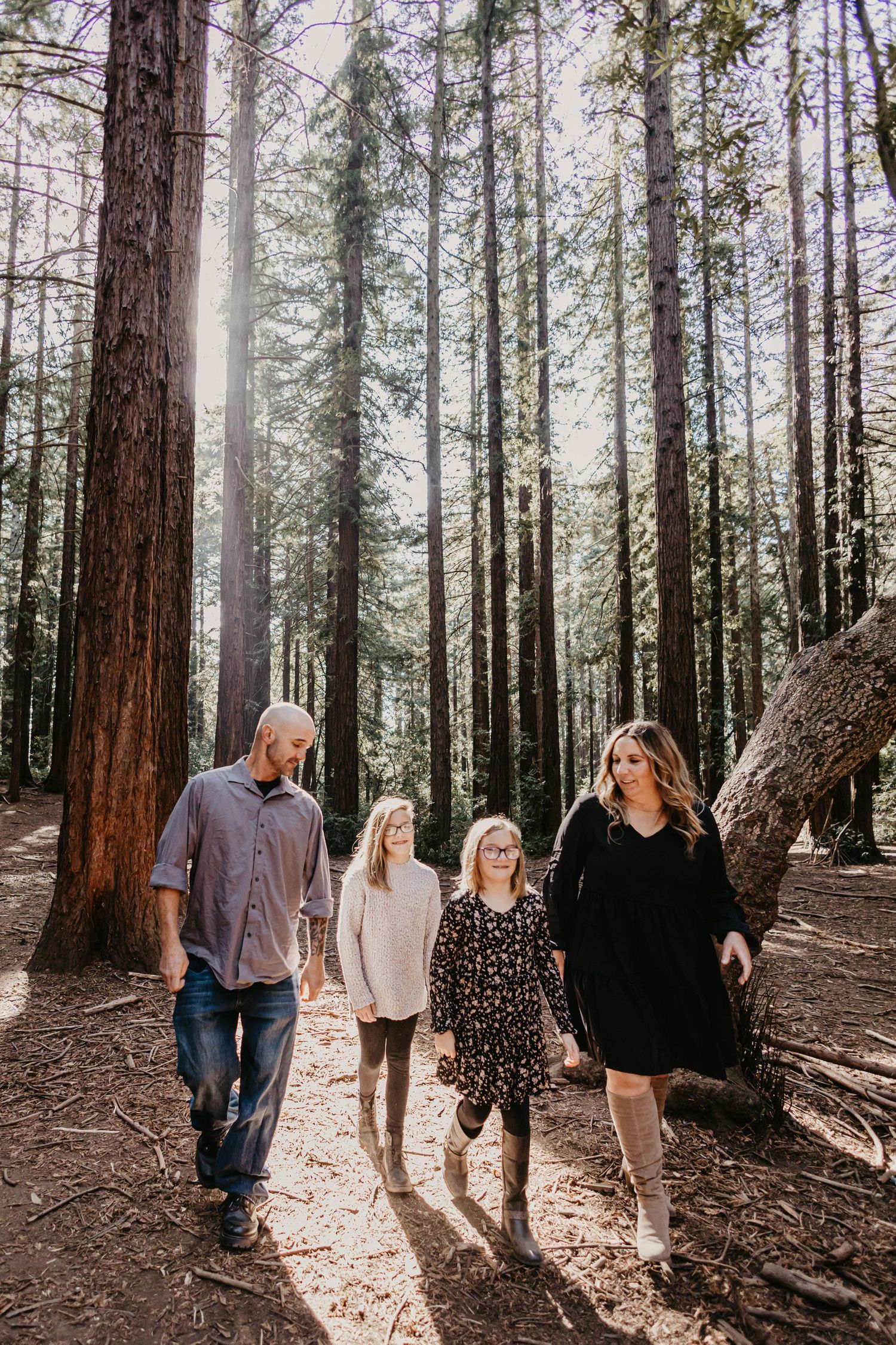Family of four walking through a sunlit redwood forest, wearing casual fall outfits, enjoying a nature stroll together.