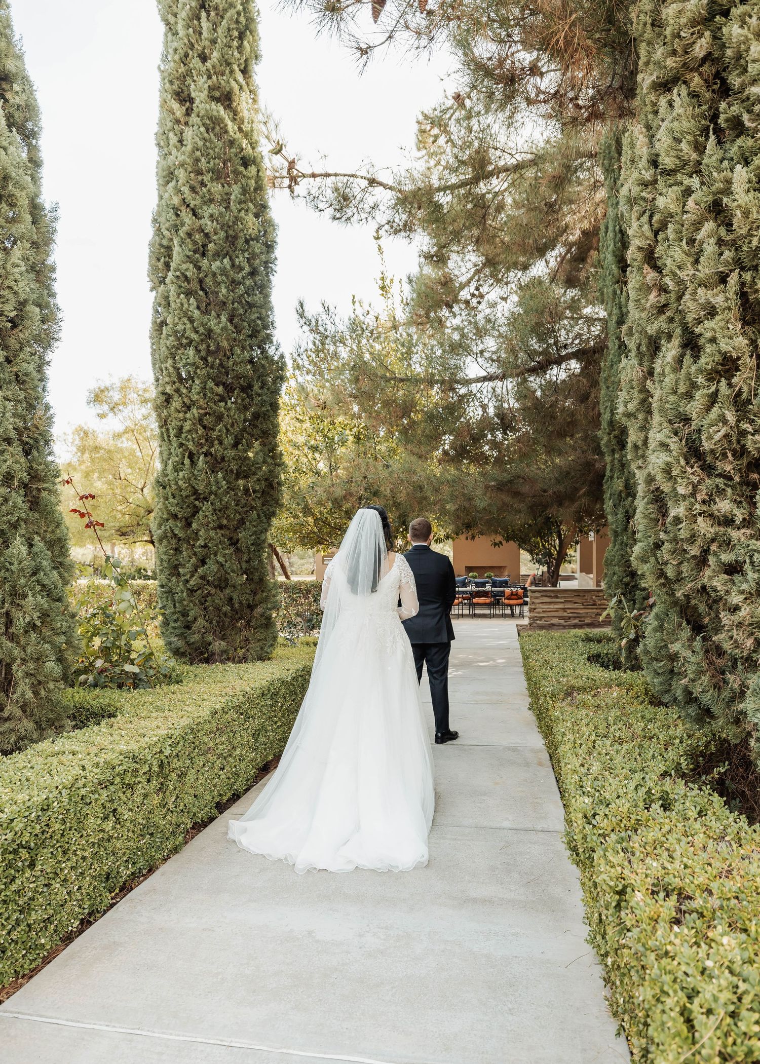 Bride and groom walking along cypress-lined pathway at wedding venue.