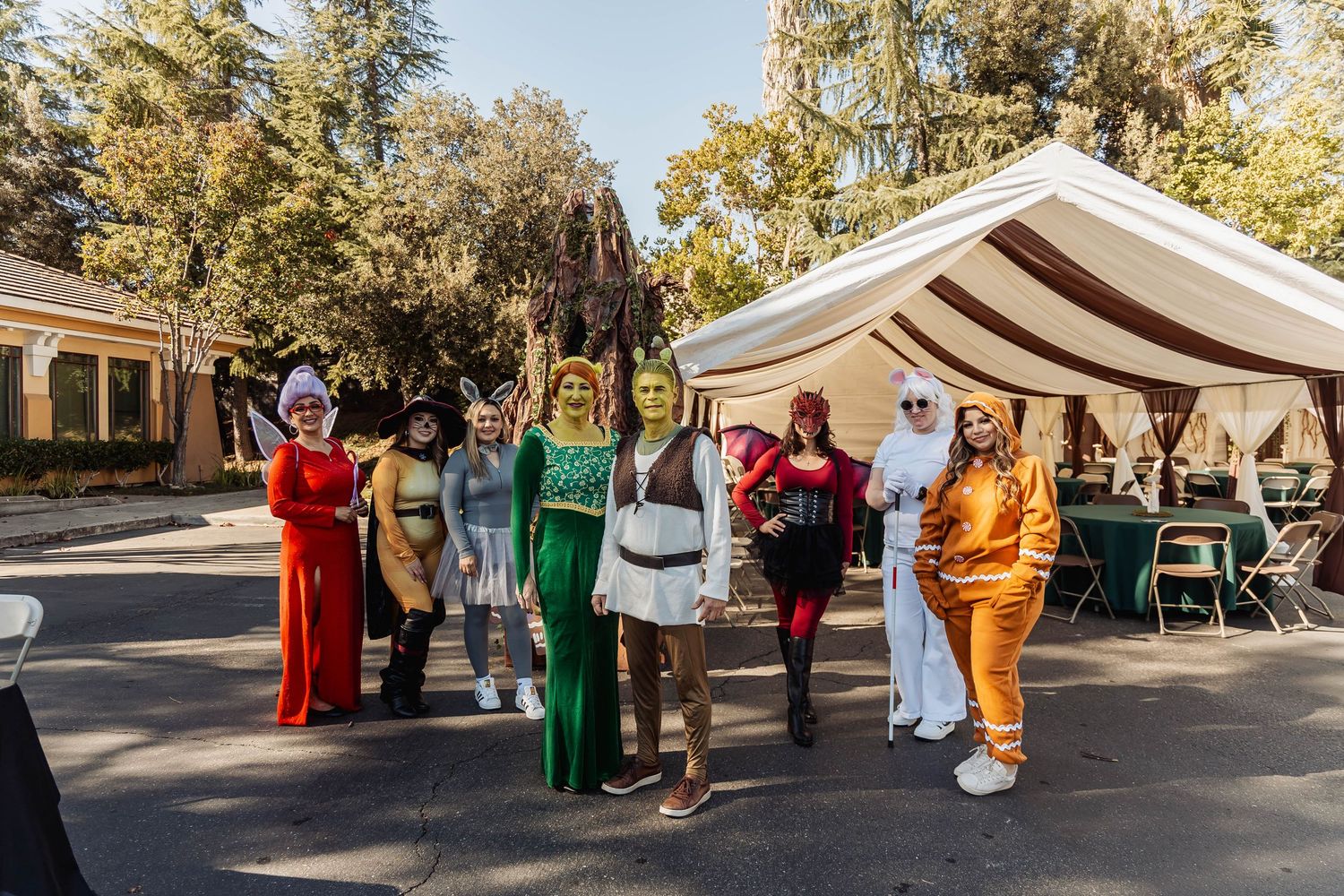 A group wearing colorful costumes poses together at an outdoor event.
