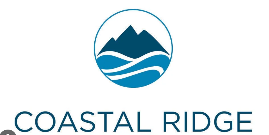 Coastal Ridge real estate company logo featuring blue mountains and ocean waves inside a circle.