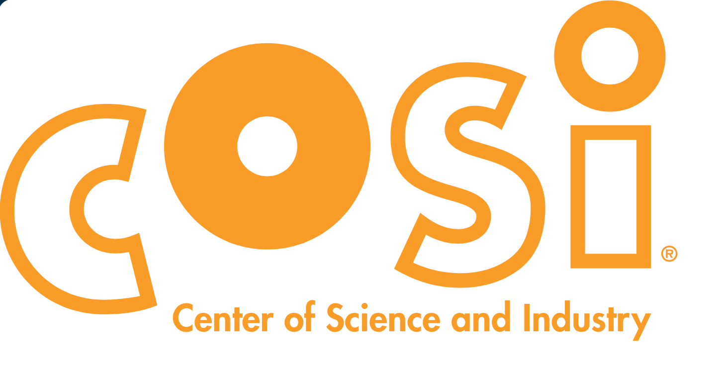 COSI Center of Science and Industry logo in bold orange lettering with circular design elements.