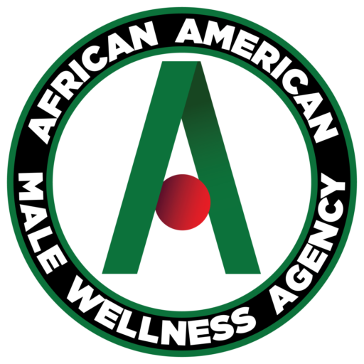 African American Male Wellness Agency circular logo with green letter A and red circle on white background.