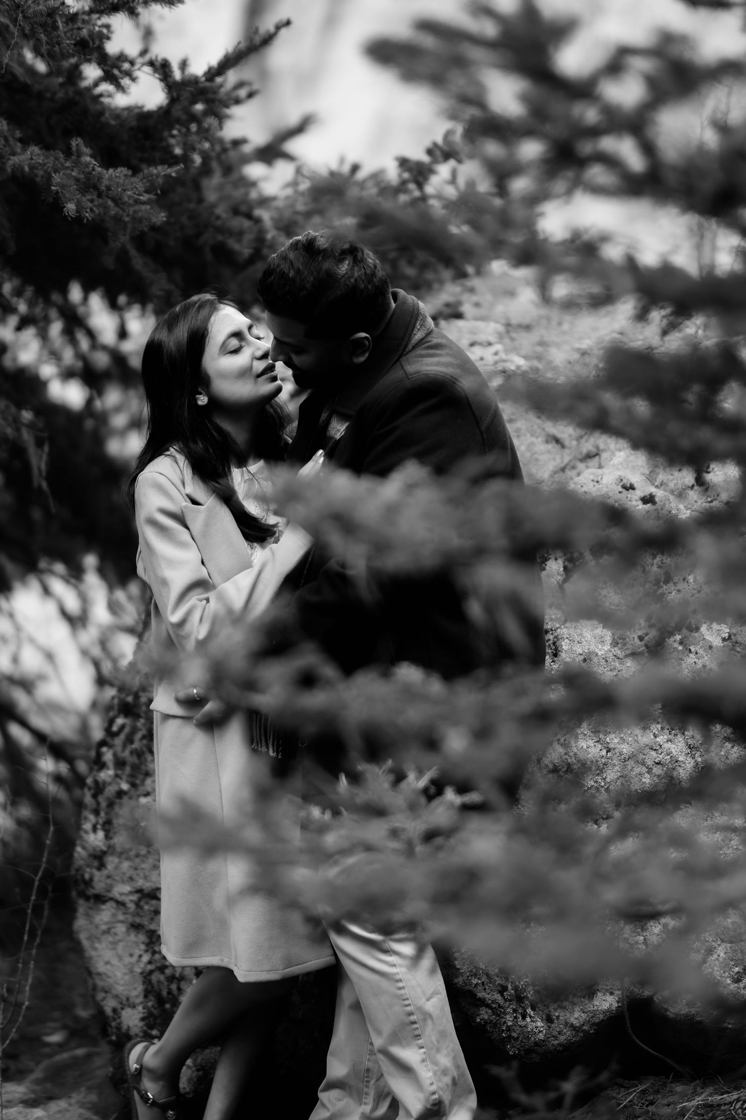 A black and white photo of a couple sharing an intimate moment among pine trees.