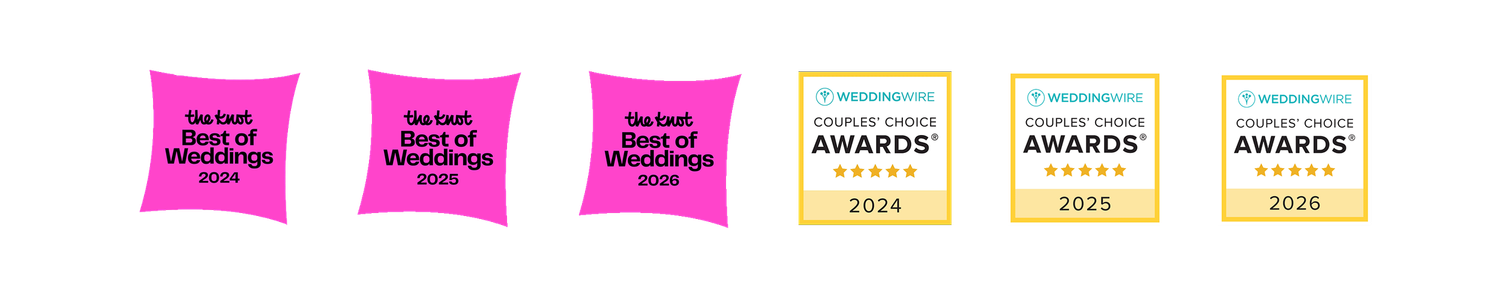 Pink Best of Weddings awards and gold Couples Choice Awards badges from The Knot and WeddingWire 2024.