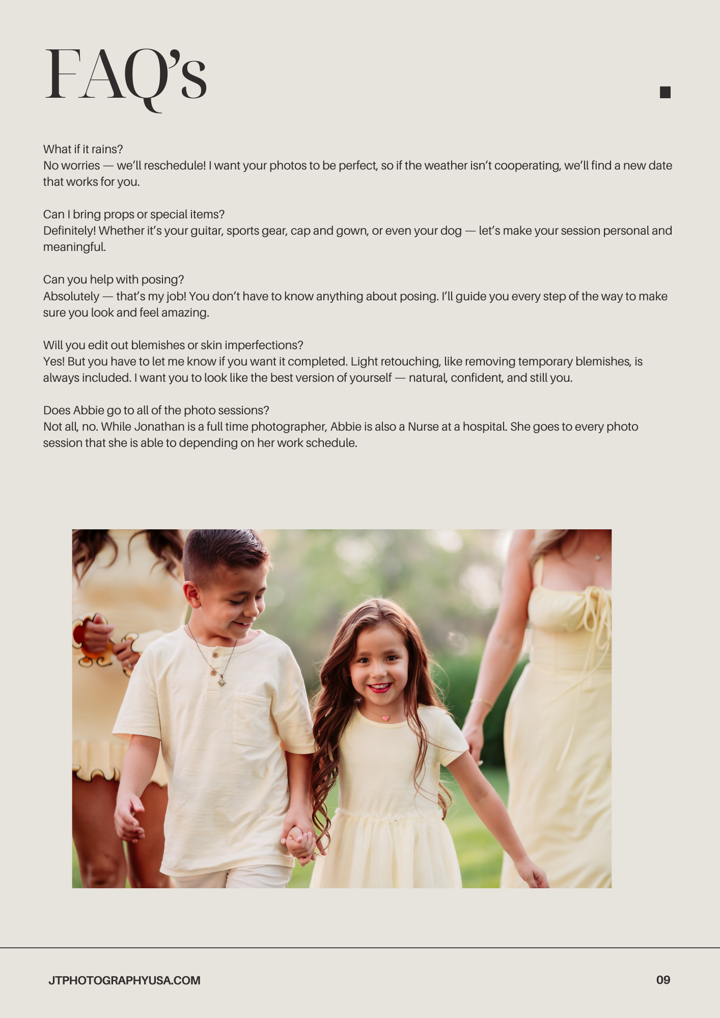 A FAQ page from a photography website showing text content and a soft-toned lifestyle photograph at the bottom.