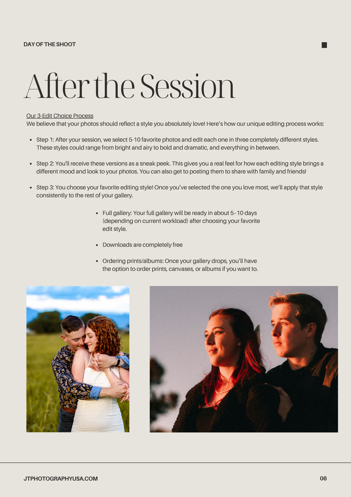 Photography business brochure page titled 'After the Session' with pricing details and two example photos showing outdoor portraits.