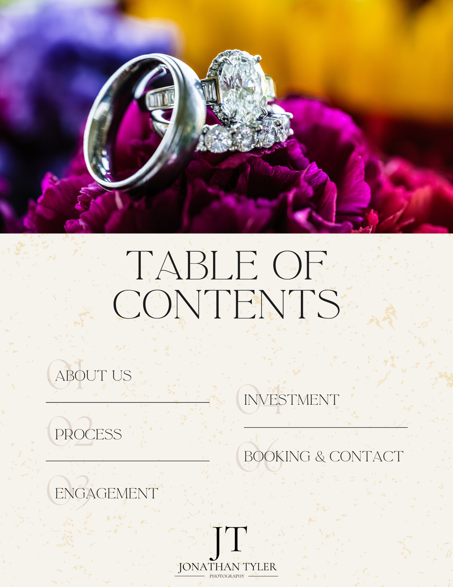 Wedding rings on colorful flowers with a table of contents page for Jonathan Tyler Photography bridal guide.