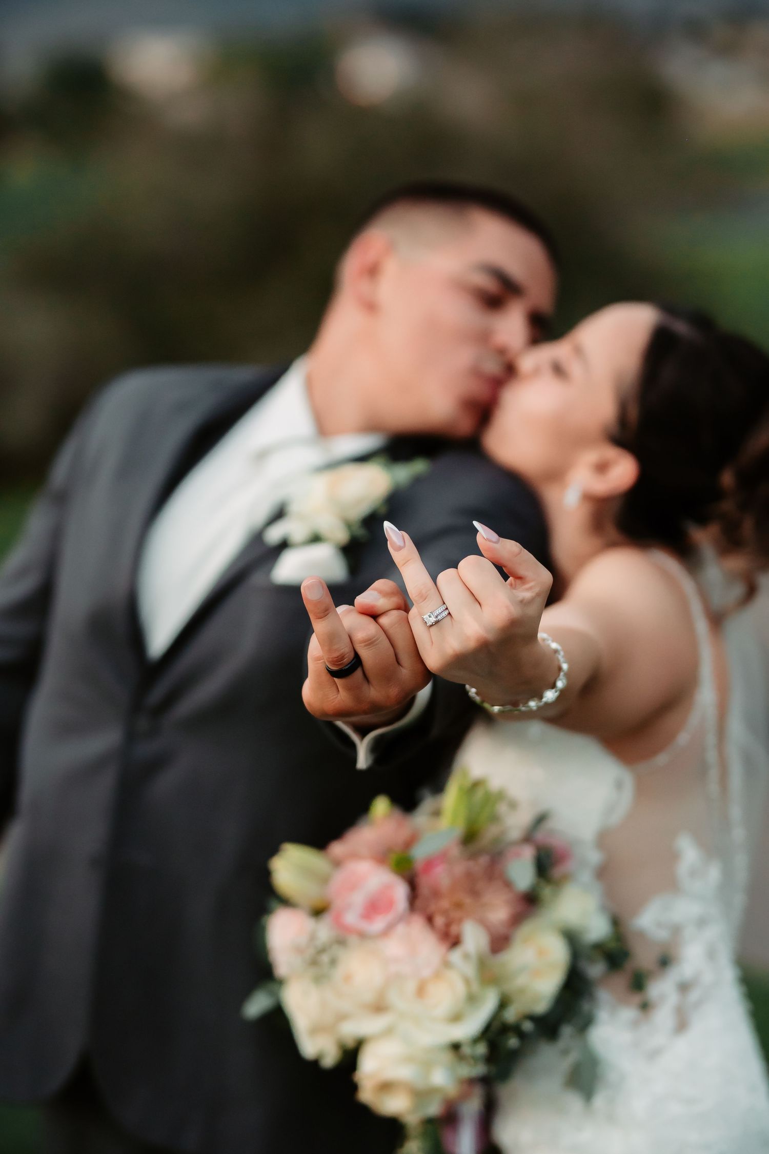 Intimate wedding photo series with soft focus moments and delicate floral bouquet details.