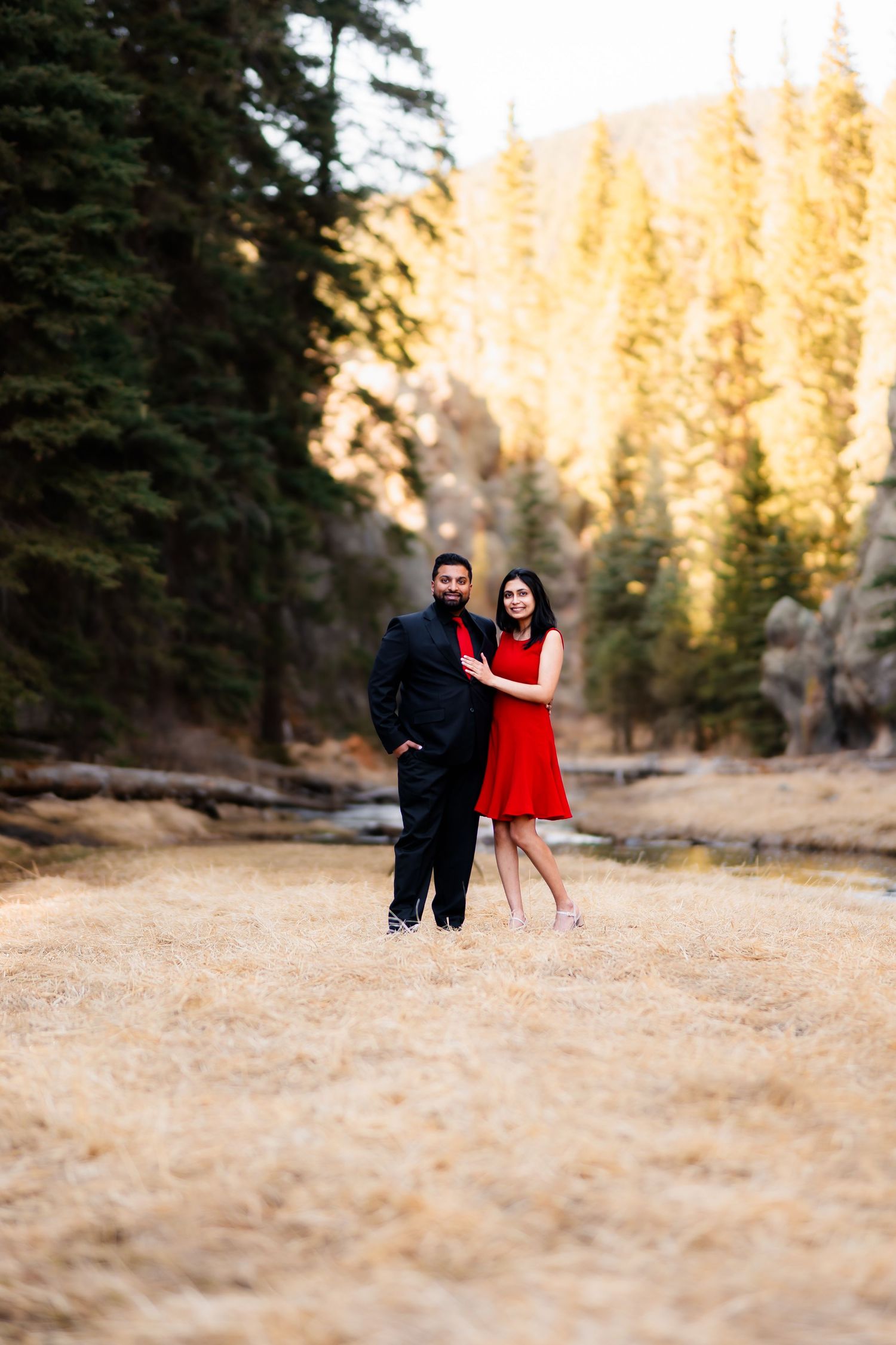 Couple poses together in a scenic mountain landscape with golden sunlight filtering through evergreen trees.