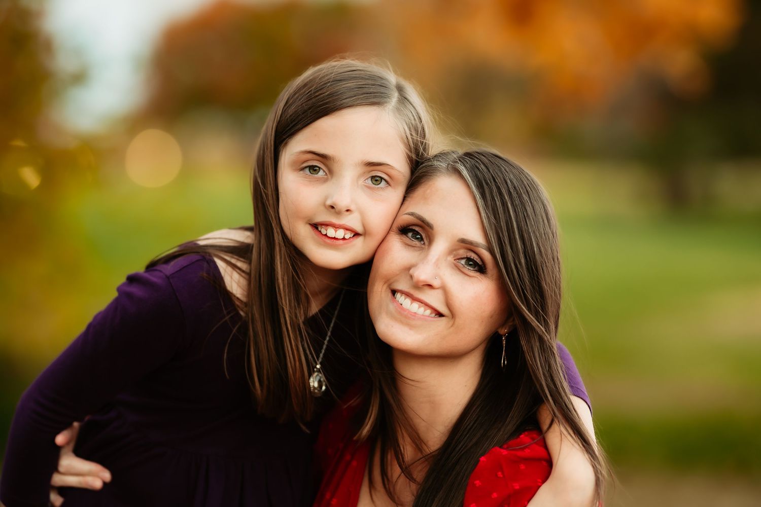 A series of outdoor autumn portraits showing close-up shots with warm lighting and blurred natural backgrounds.