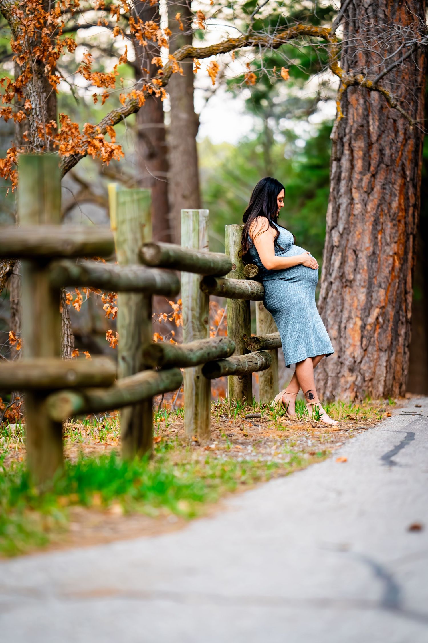 A sequence of photos shows a dancer performing graceful movements along a rustic wooden fence in an autumn forest setting.
