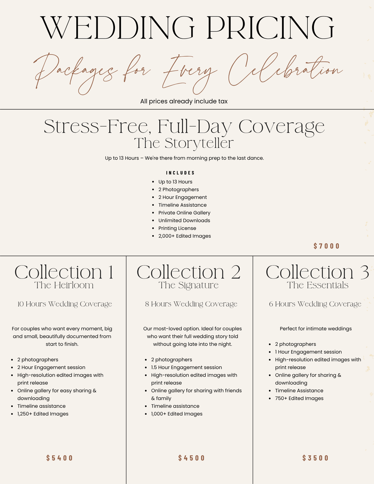 Wedding pricing packages flyer featuring three photography collections ranging from $3500 to $7000 for full-day coverage.