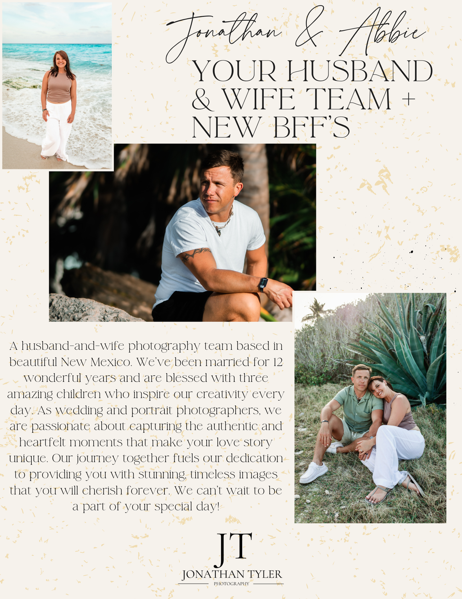 Three professional photos of a wedding photographer team and couple, arranged in a collage with text and branding elements.