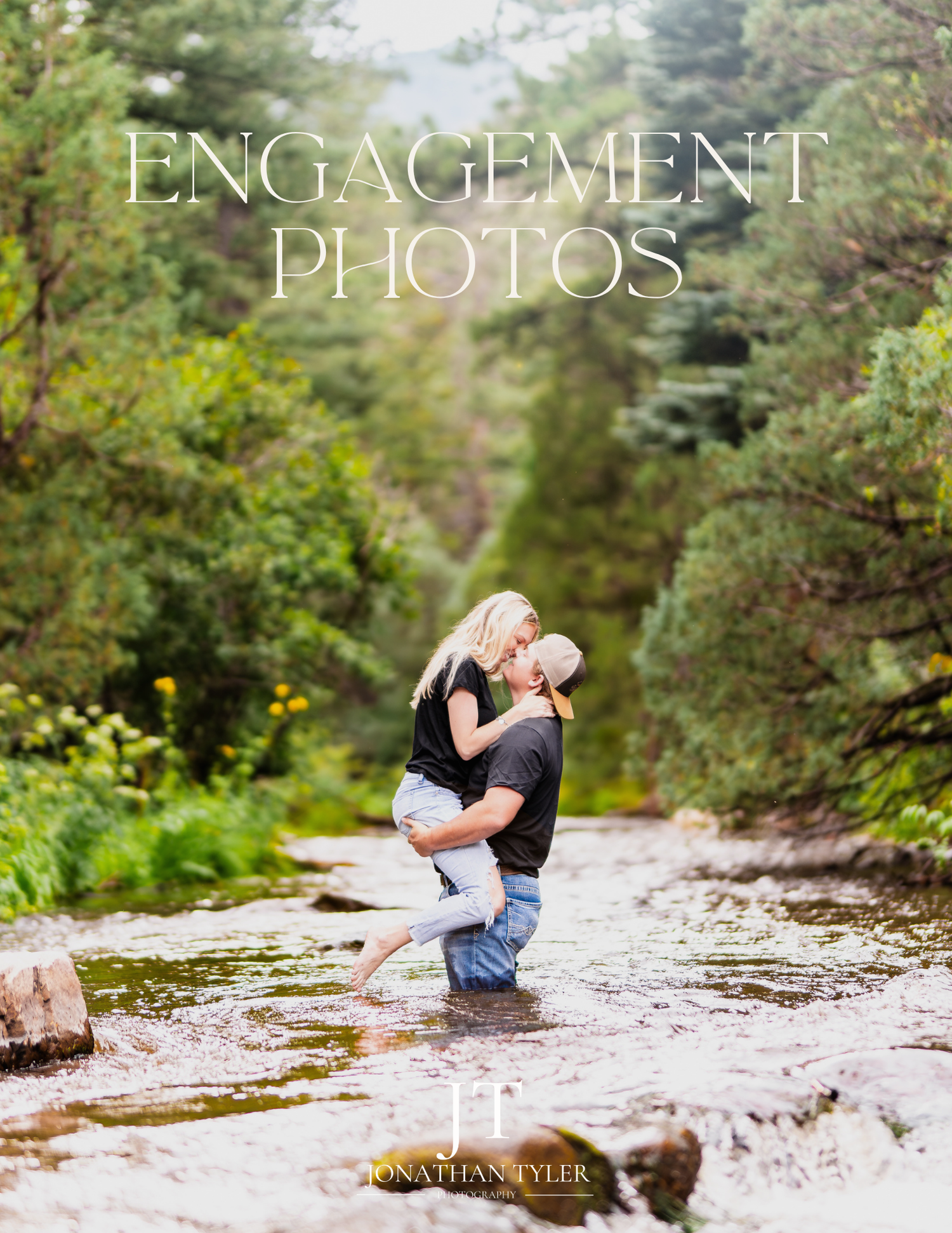 Couple sharing a romantic embrace in a shallow stream surrounded by lush greenery, featured on an engagement photos book cover.