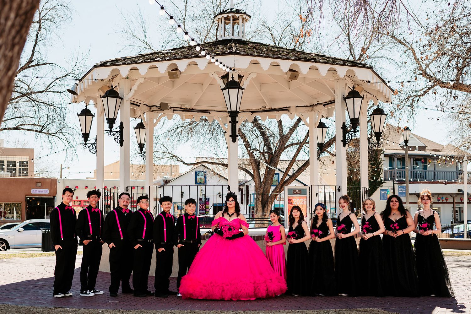 A formal group photo with a pink ball gown centerpiece against a historic building backdrop with winter trees.