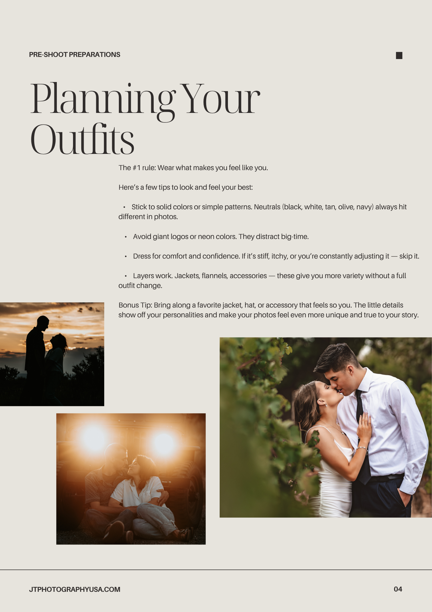 Elegant wedding photography guide page showing couples posing in romantic sunset and outdoor settings.