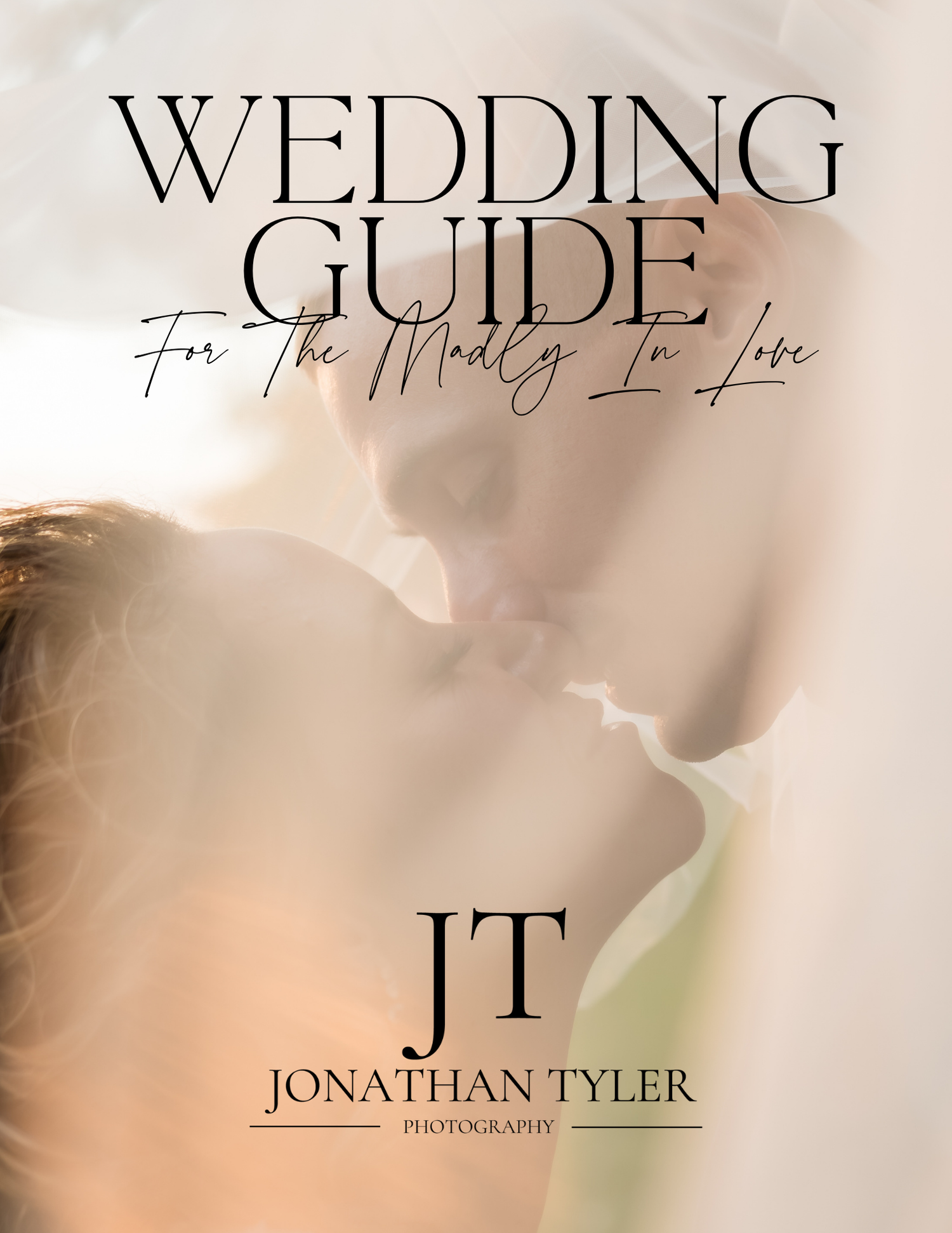 A stylish wedding photography guide cover with soft blush tones featuring an elegant couple in a romantic embrace.