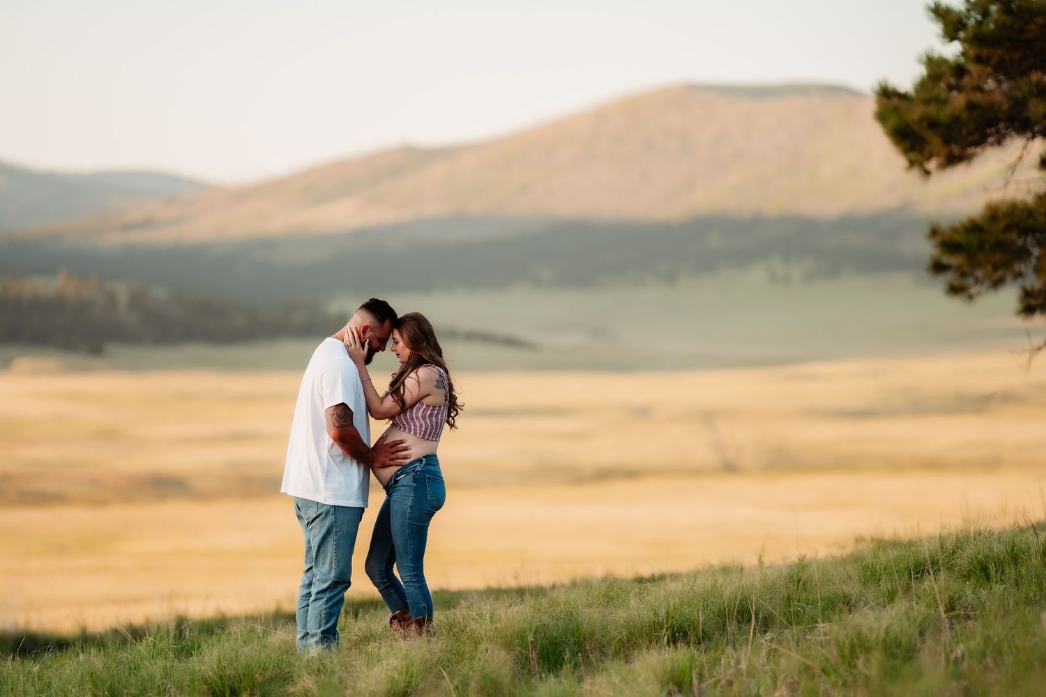 Two people embrace on a grassy hillside with golden rolling hills in the background at sunset.