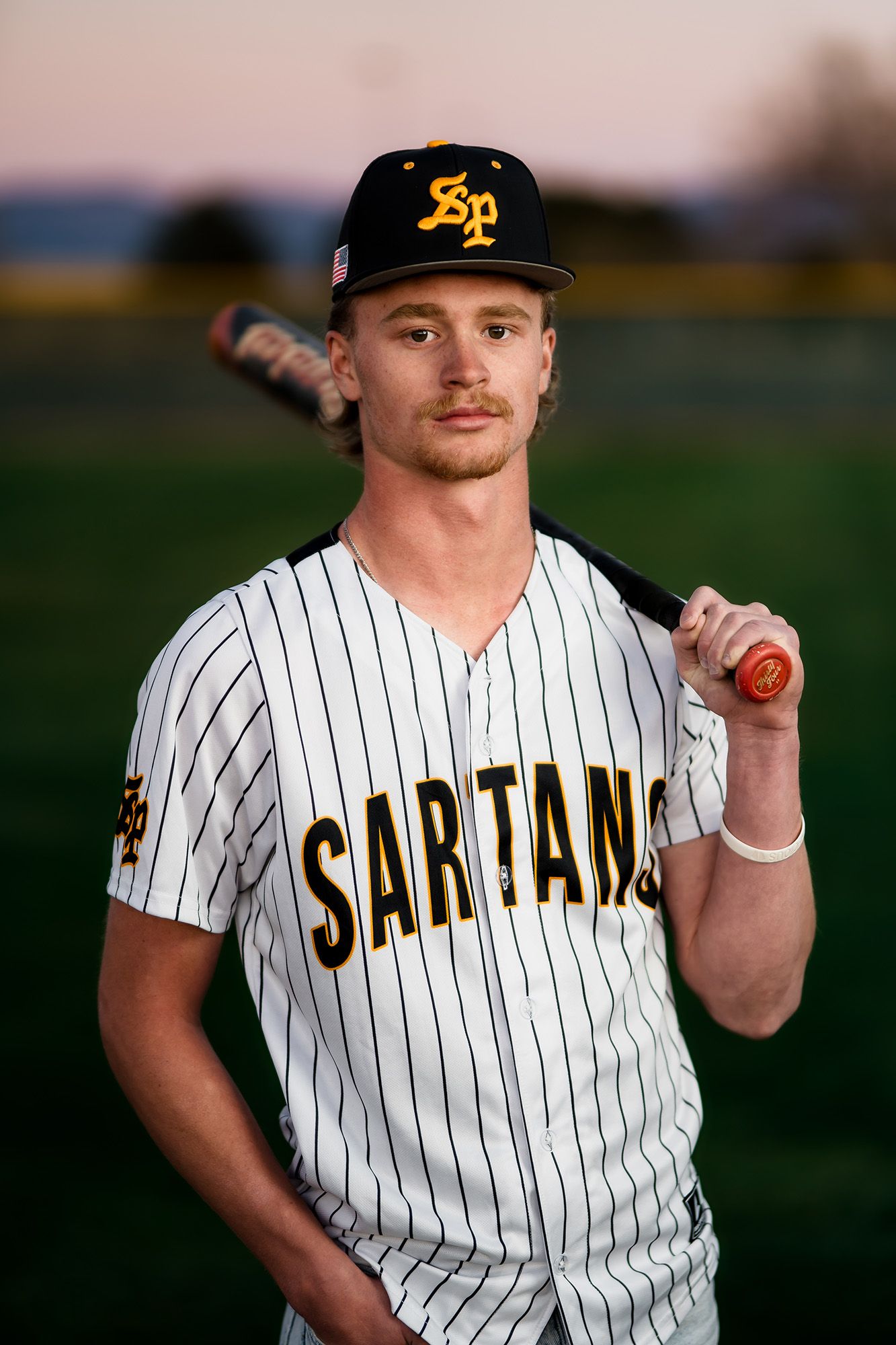 Baseball player in pinstriped Spartans uniform poses with bat against outdoor field backdrop at sunset.