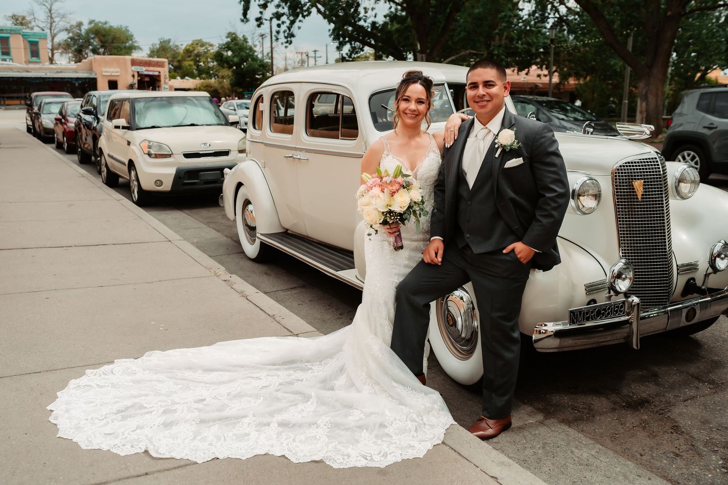 A collection of wedding photos featuring vintage cars and wedding parties in formal attire poses beside classic automobiles.