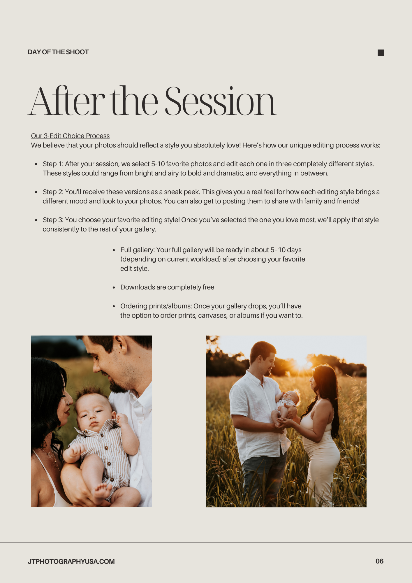 Three soft focus photographs showing tender moments between parent and child at an outdoor photo session.