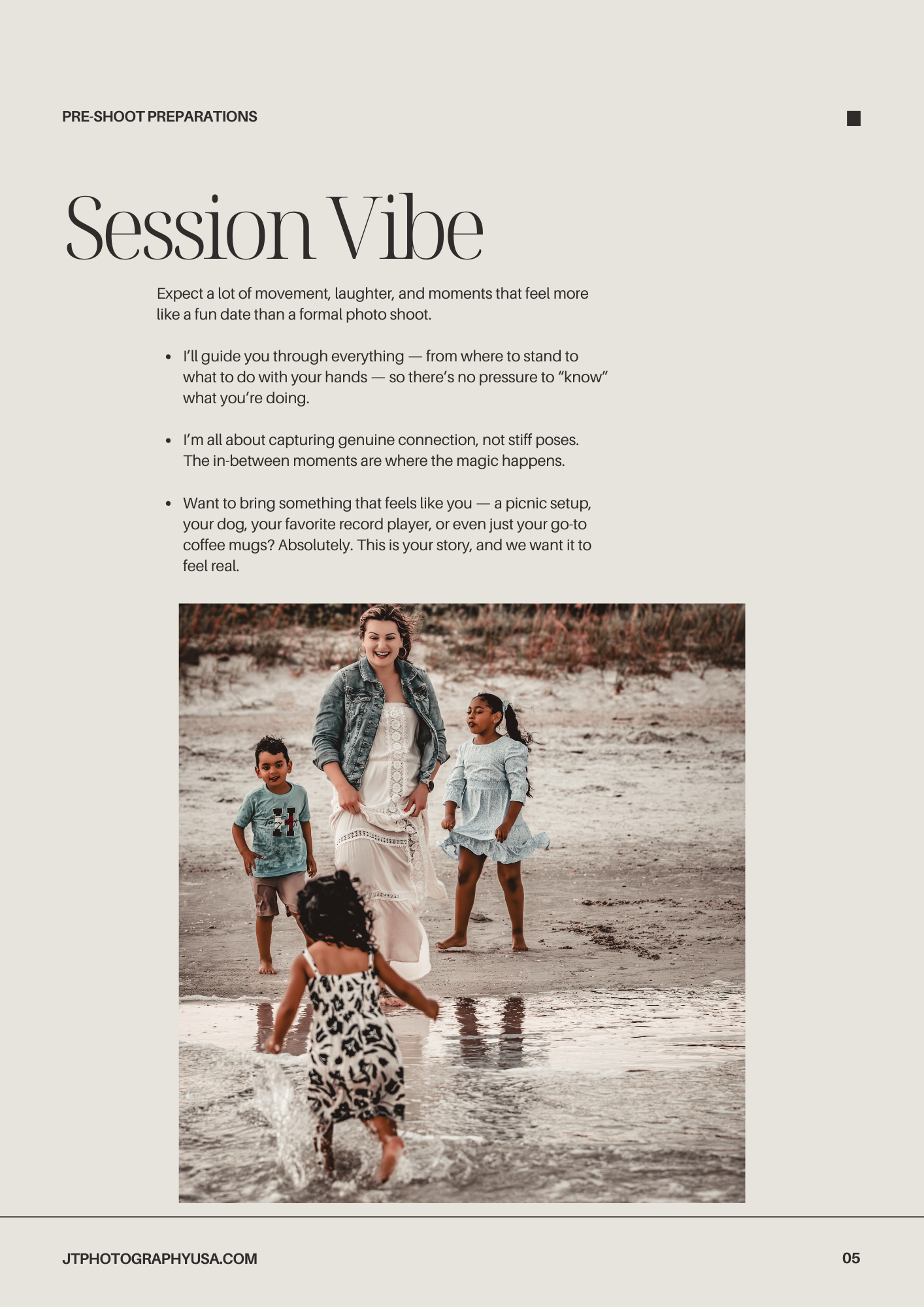 A group plays together on a beach during a photography session with soft earth tones and natural styling.