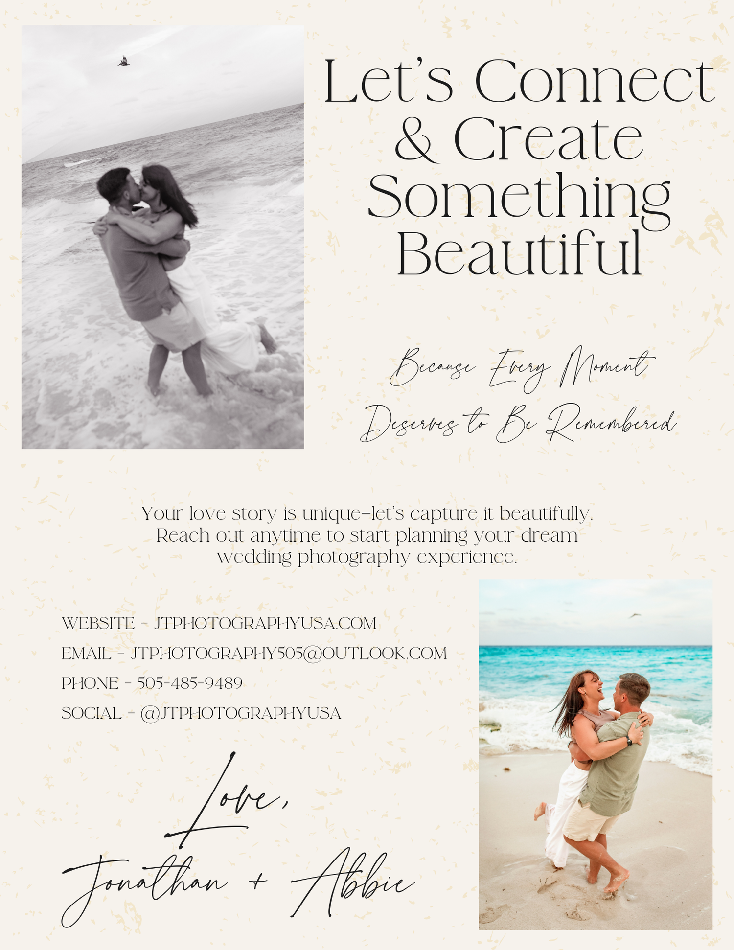 Wedding photography promotional flyer showing black and white beach photo and business contact information.