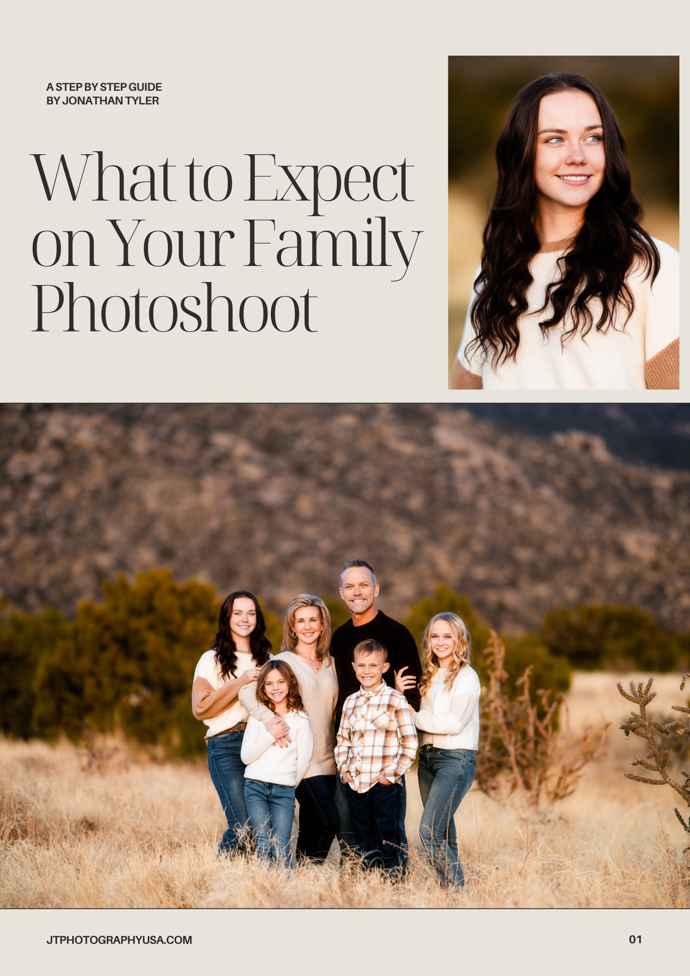 Magazine cover design showing a warm family portrait session outdoors against mountain backdrop with golden autumn colors.