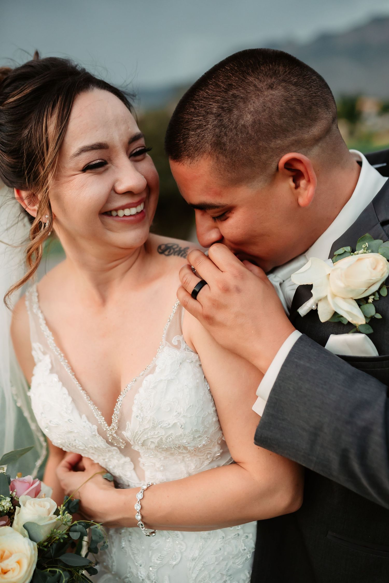 Romantic wedding couple share intimate moments in a series of artistic close-up photographs.