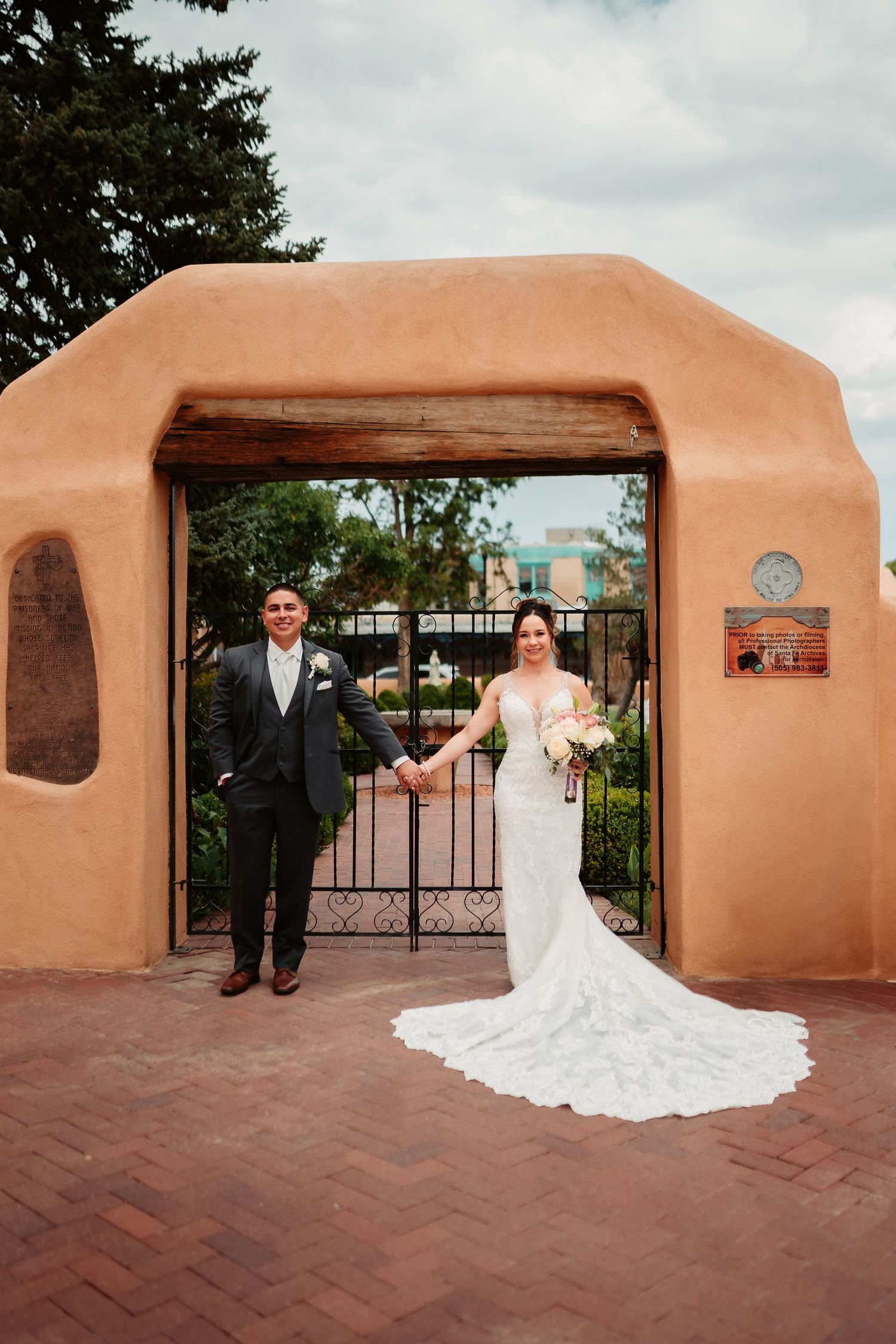 A sequence of photos showing a couple in formal attire posing under adobe archways on their wedding day.