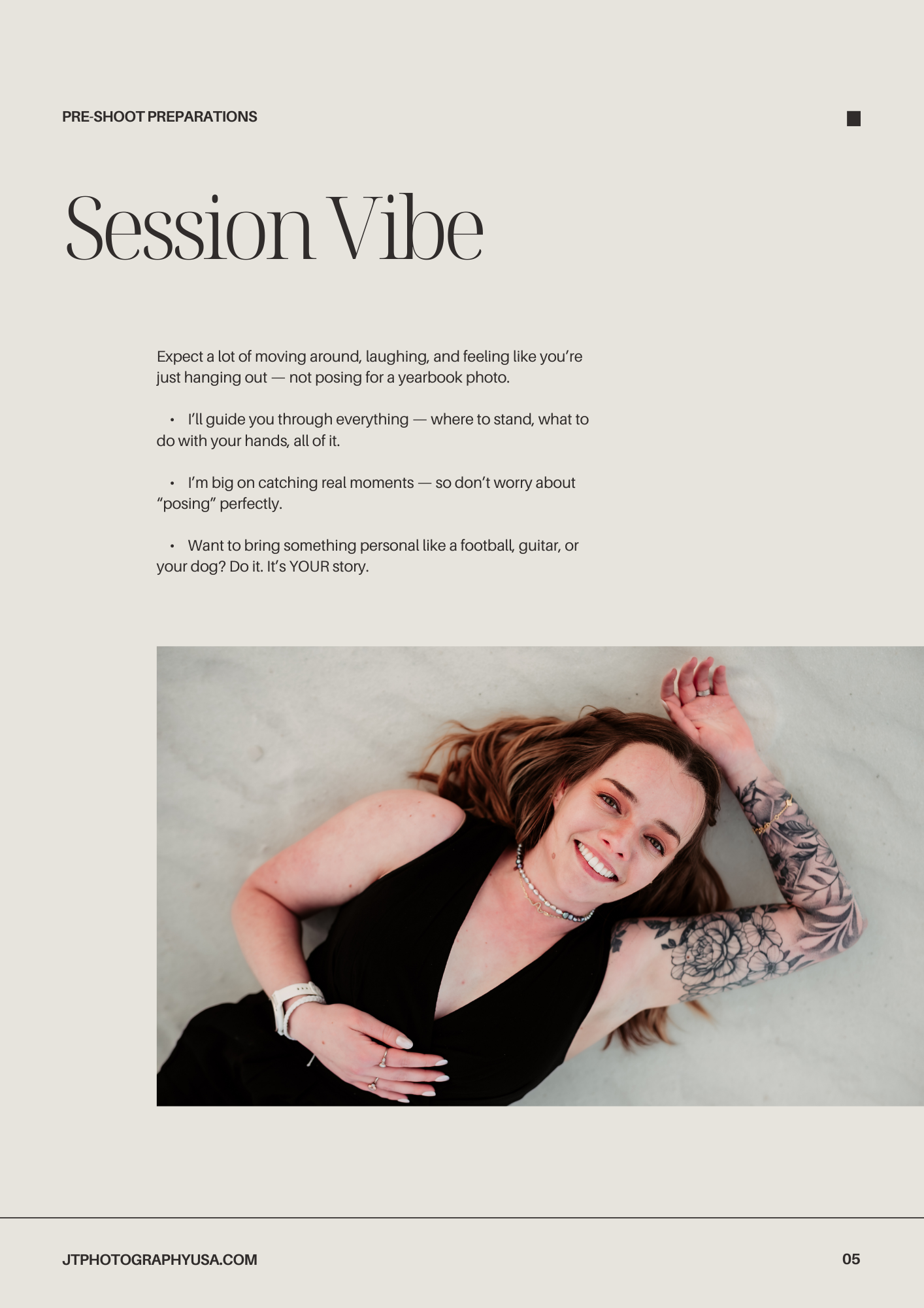 Black and white magazine spread showing Session Vibe photography tips and a portrait of a person in dark clothing laying down.