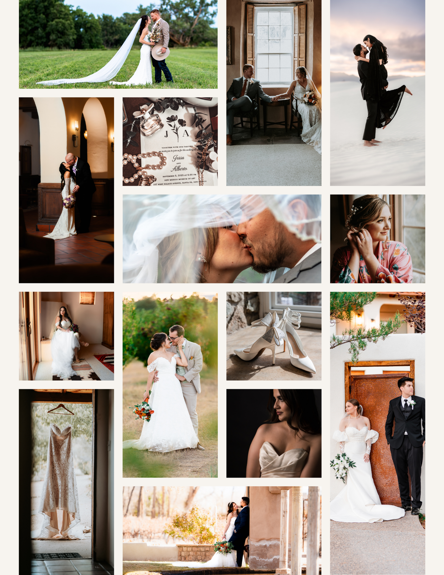 A collage of elegant wedding photos featuring bridal preparations, romantic moments, and artistic wedding venue shots.