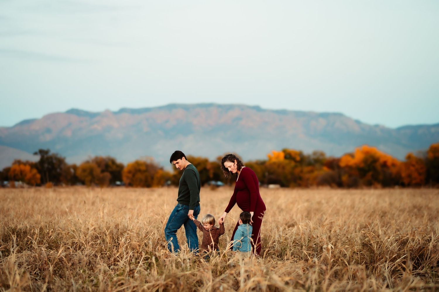 Scenic mountain landscape with golden autumn fields and figures exploring the tall grass at sunset.