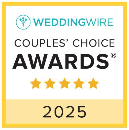 WeddingWire Couples Choice Awards 2025 badge with five gold stars on a white and yellow background.