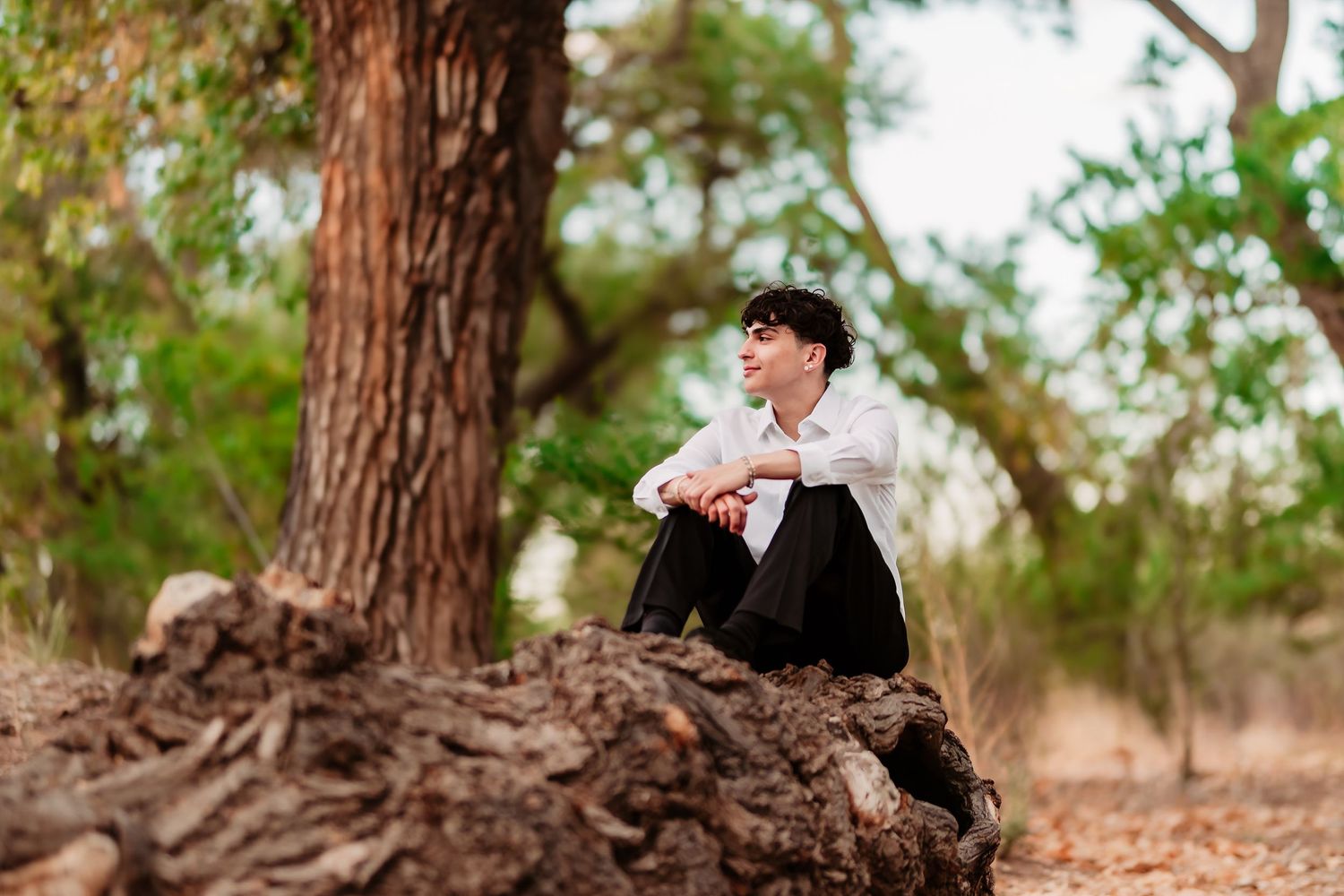 Person sitting thoughtfully on tree roots in a natural outdoor setting.