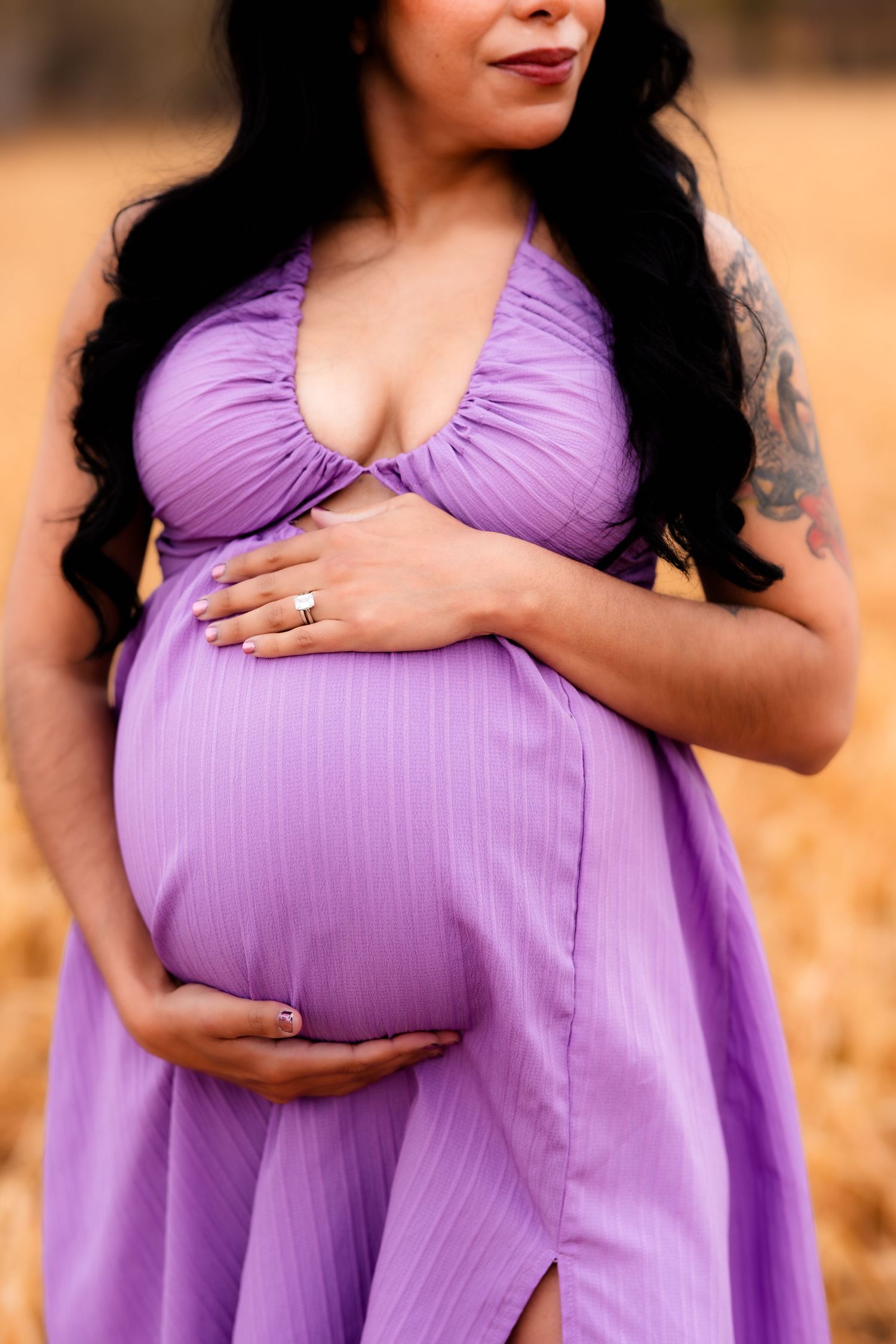 A series of cropped photos showing a person wearing a flowing lavender dress against a warm-toned background.