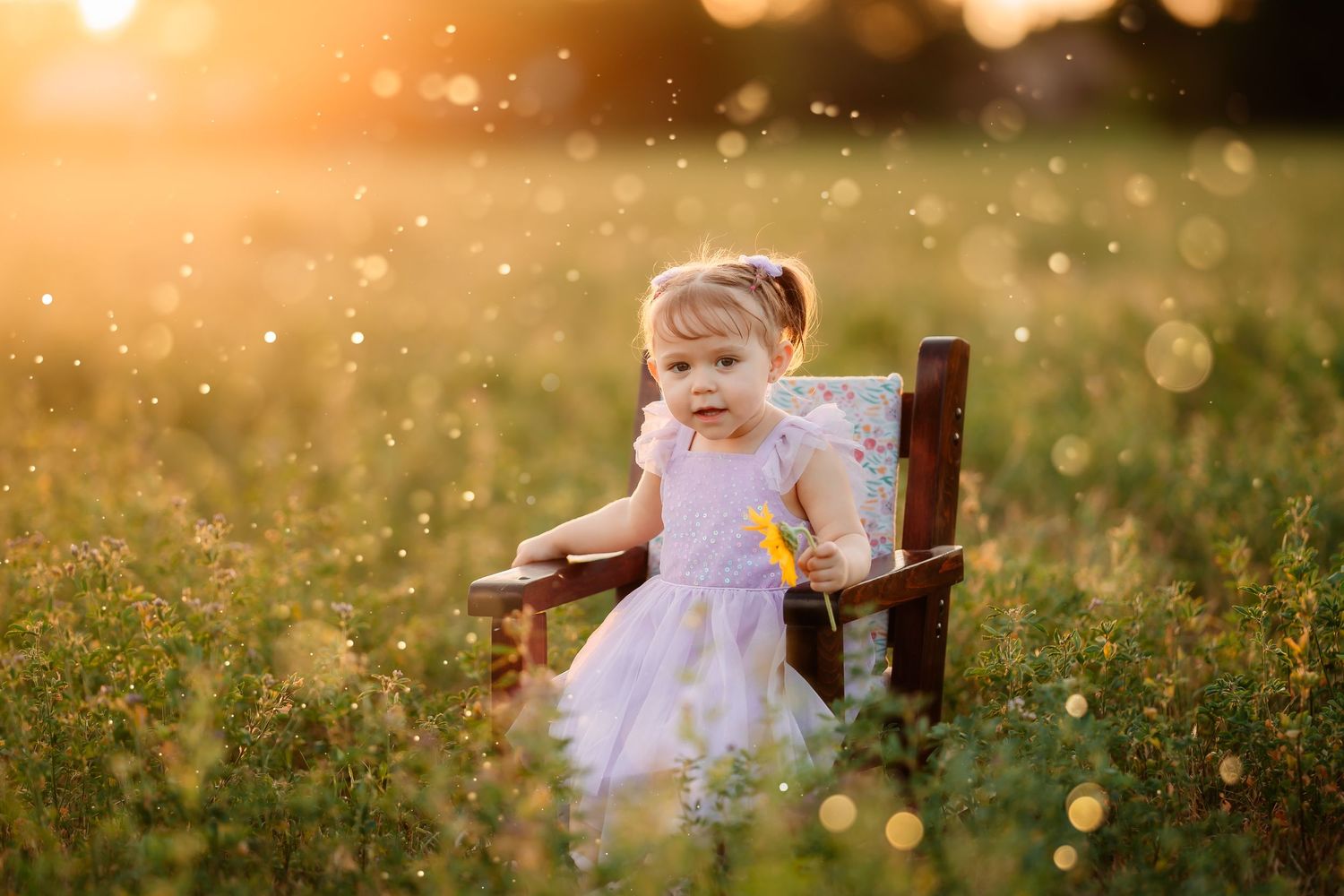 A small child wearing a white dress sits in a wooden chair among wildflowers at golden hour with bokeh effect.
